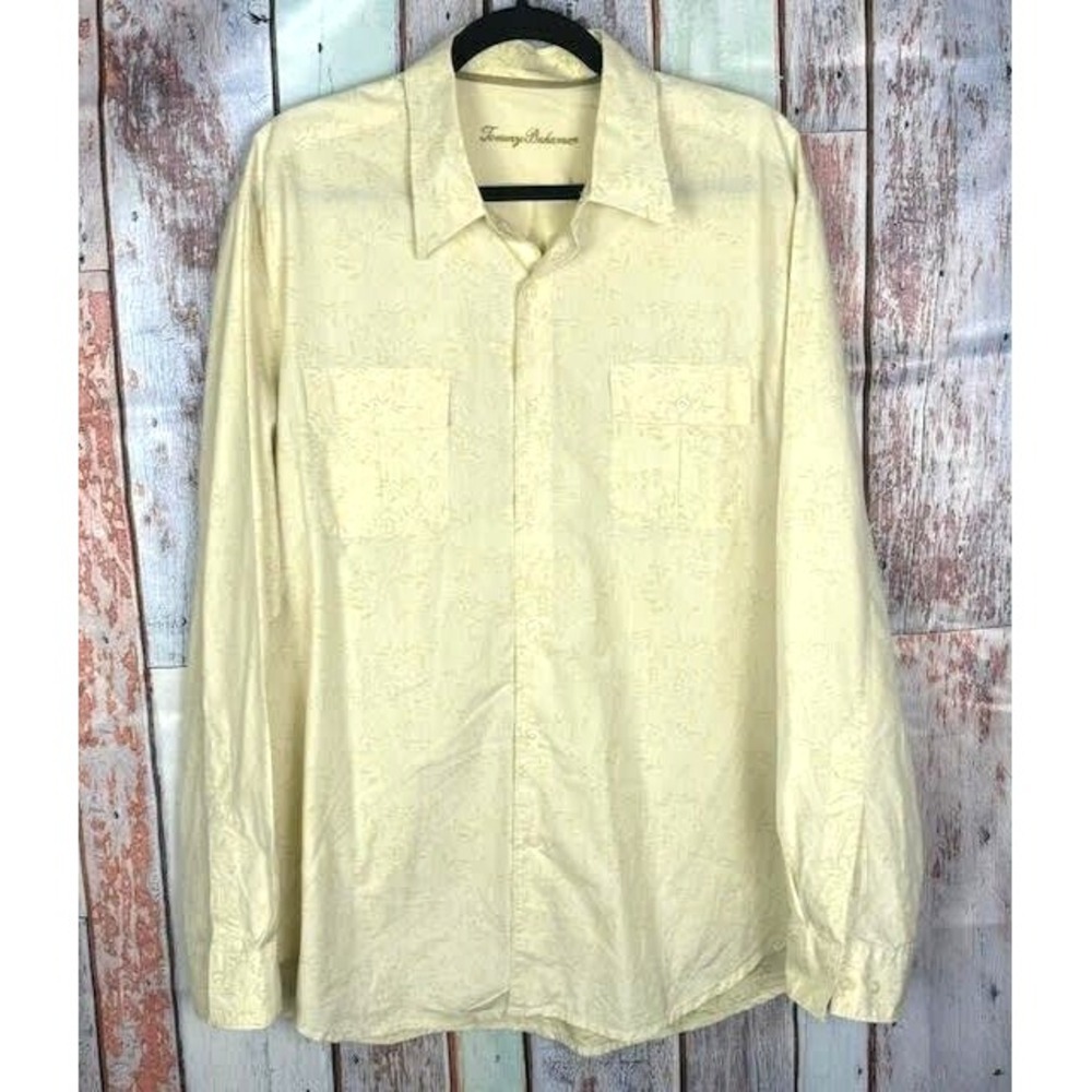Tommy Bahama Shirt Large Yellow Cream Silk Blend Floral Button Up‎ Long Sleeve